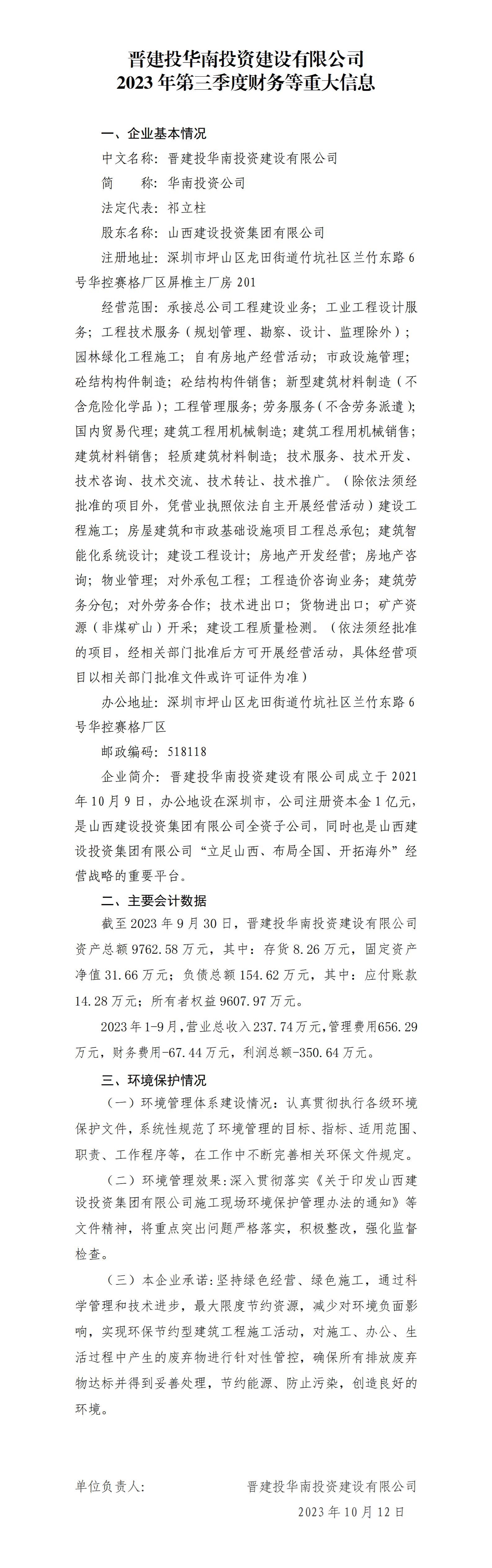 晋建投华南投资尊龙凯时有限公司2023年第三季度财务等重大信息