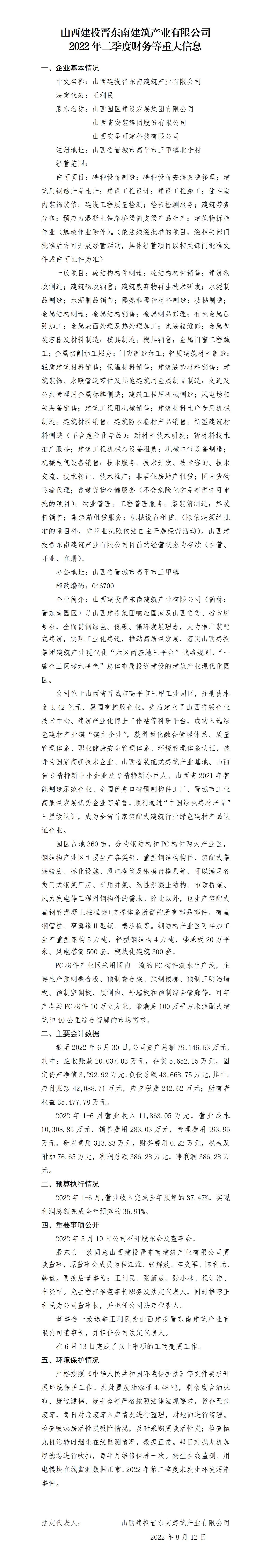 山西建投晋东南修建工业有限公司2022年二季度财务等重大信息