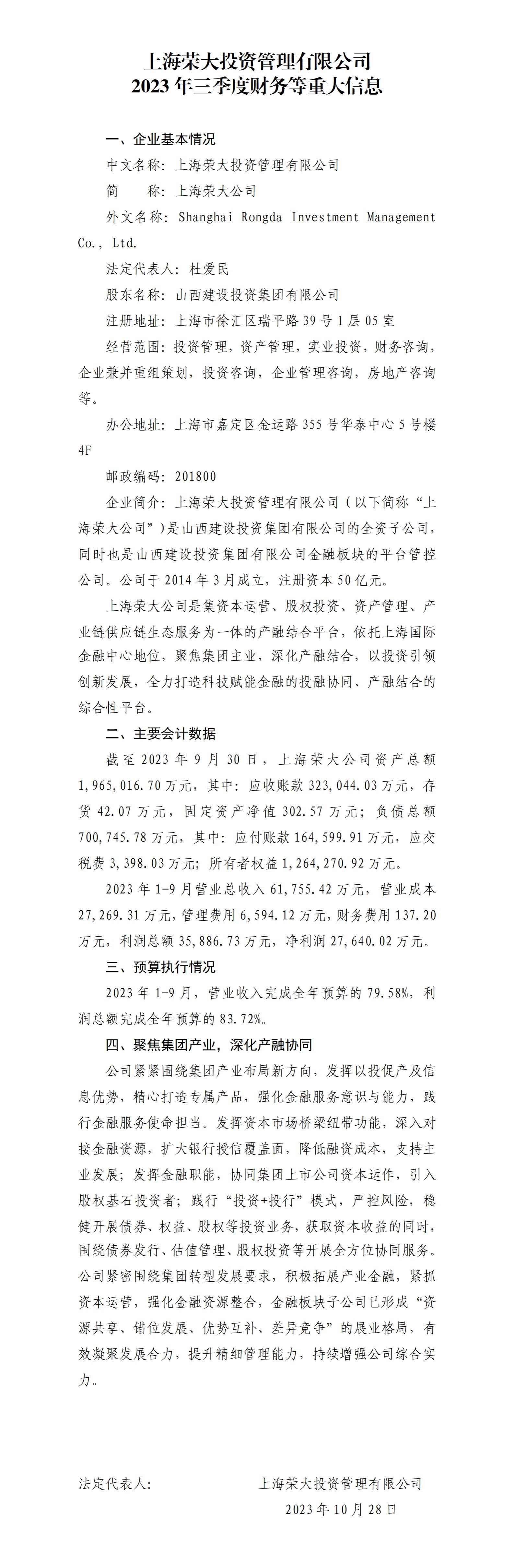 上海荣大投资治理有限公司2023年三季度财务等重大信息