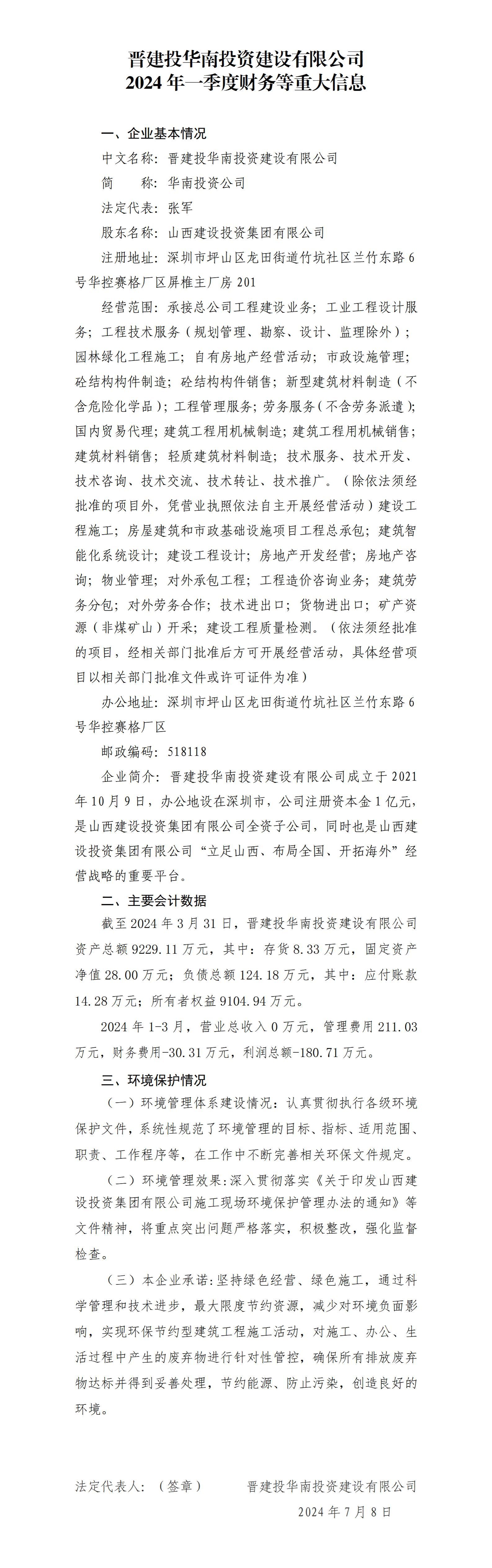 晋建投华南投资尊龙凯时有限公司2024年一季度财务等重大信息