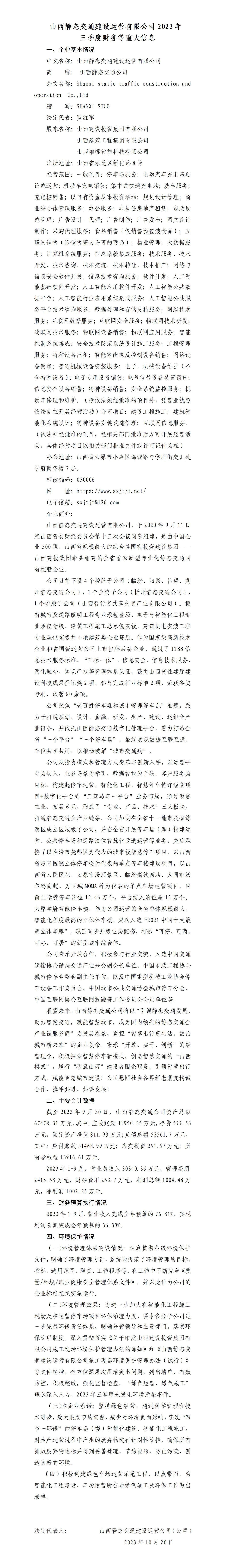 山西静态交通尊龙凯时运营有限公司2023年三季度财务等重大信息