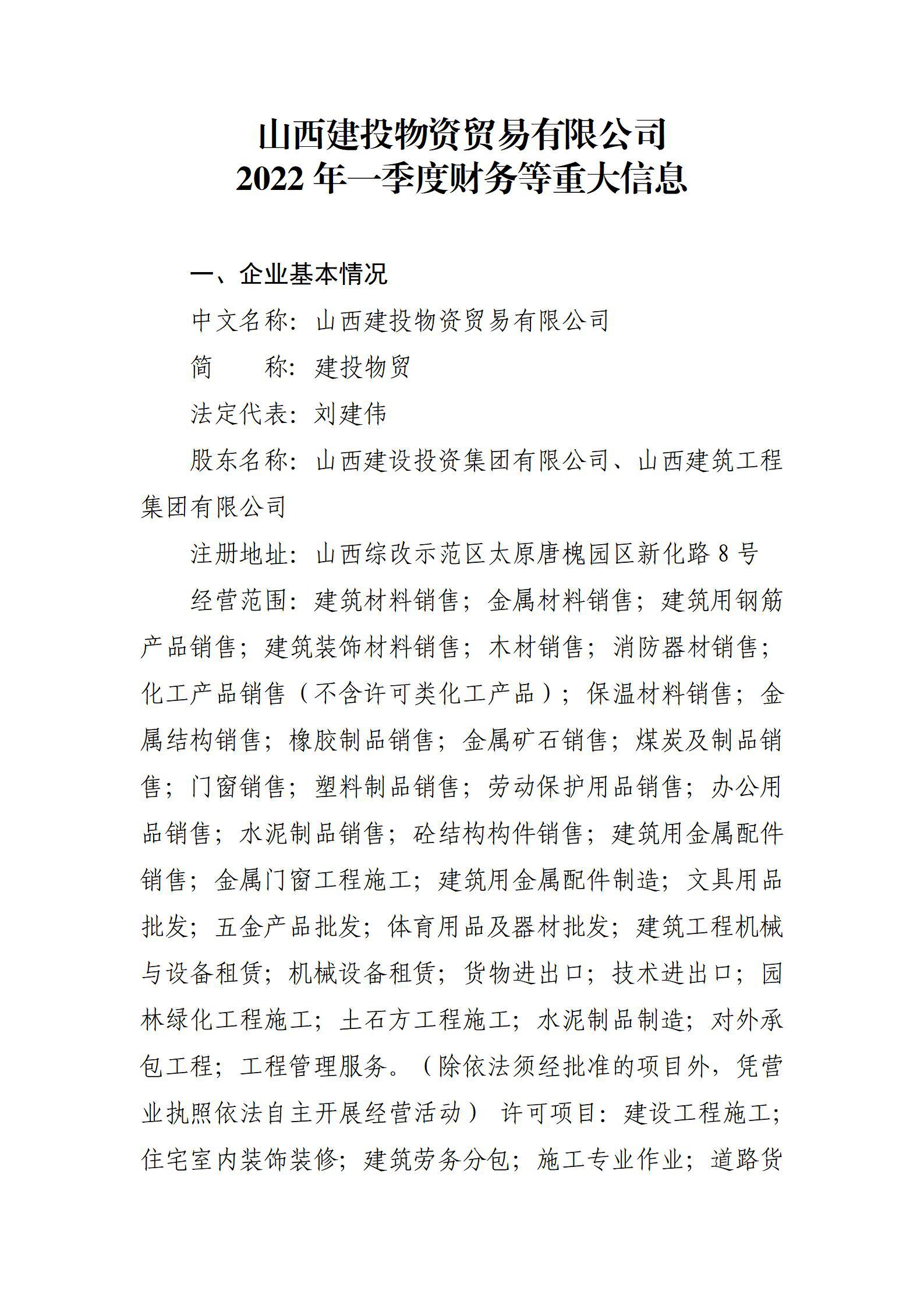 山西建投物资商业有限公司2022年一季度财务等重大信息