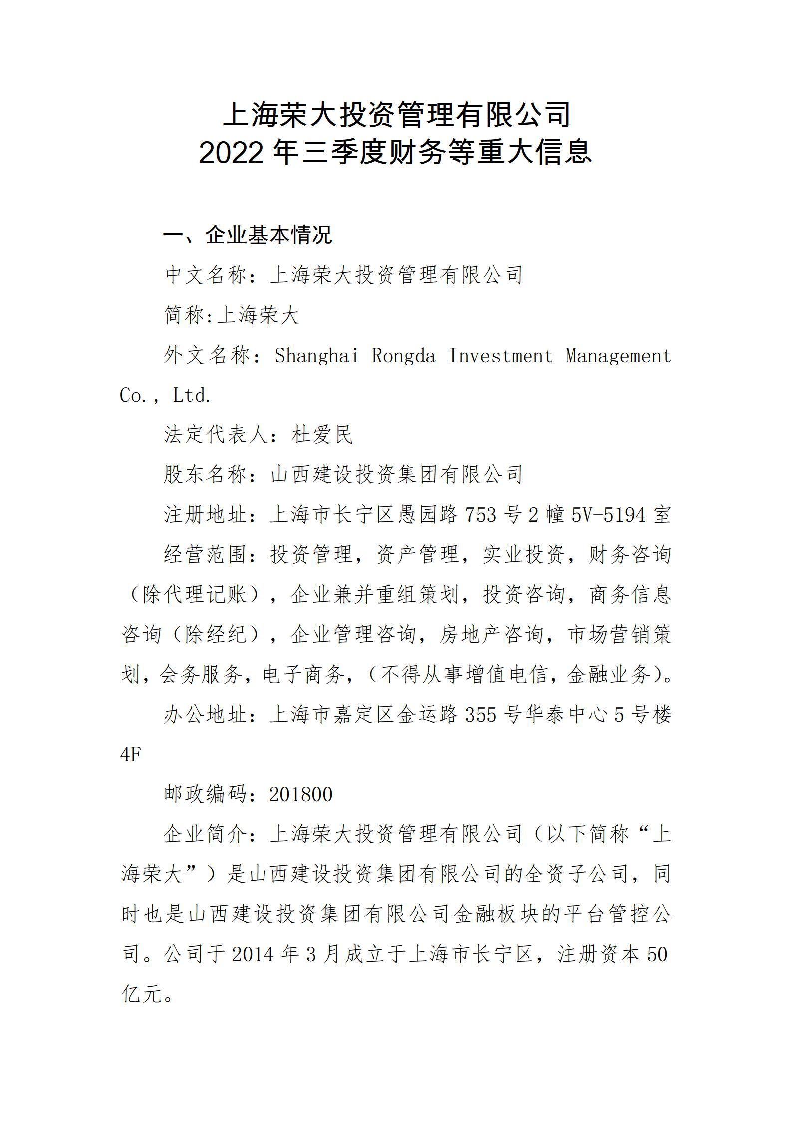 上海荣大投资治理有限公司2022年三季度财务等重大信息