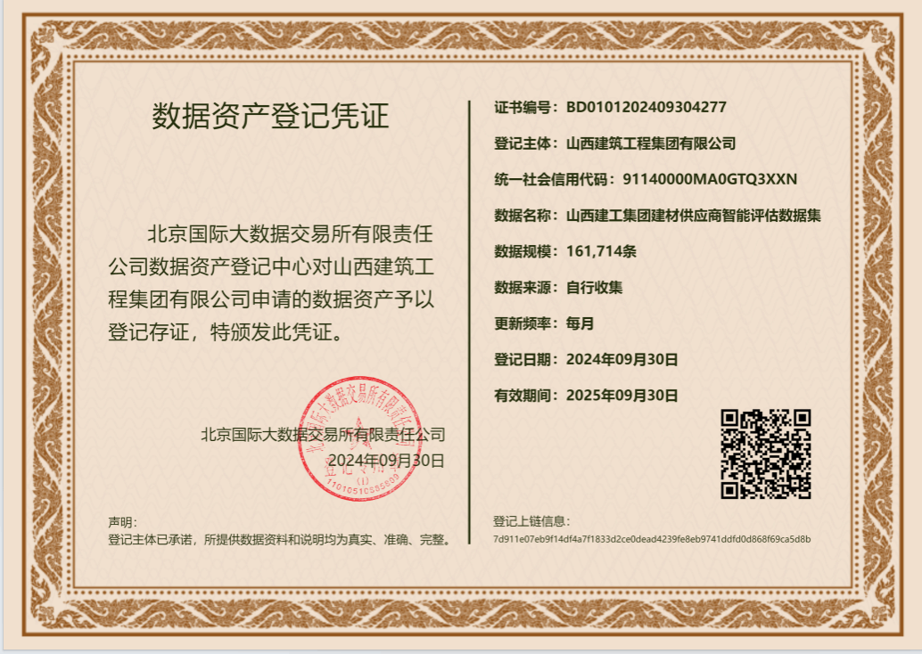 山西建投建工集团乐成实现首例山西省修建施工领域数据资产入表并挂号