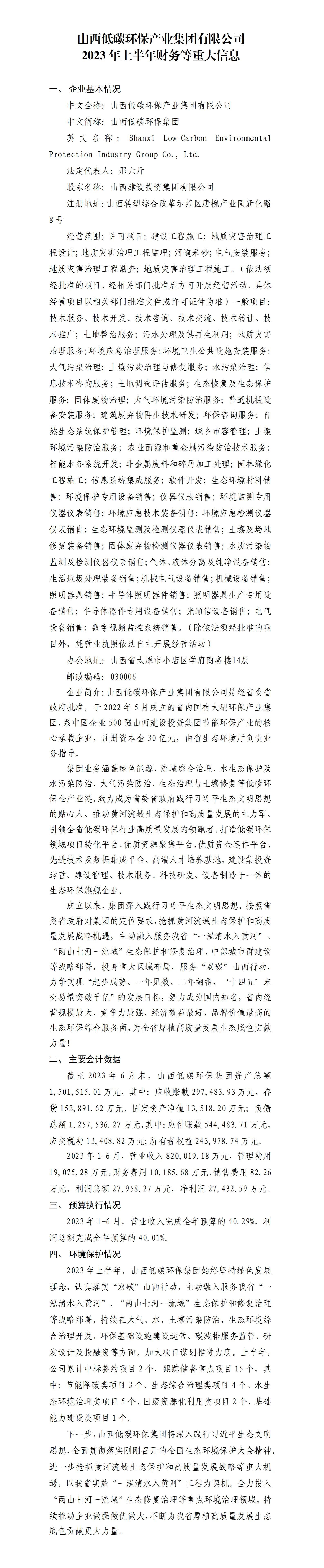 山西低碳环保工业集团有限公司2023年上半年财务等重大信息